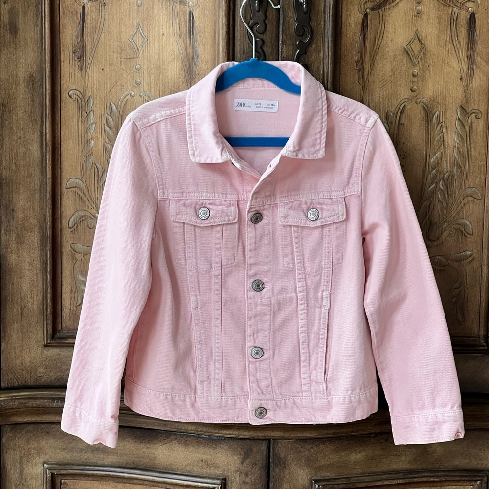 Zara Girls Light Pink Denim Jacket Button Front Pockets Sz 10